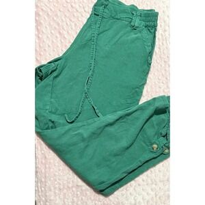 Cropped‎ Green Cargo Pants Drawstring Waist Button Detail Casual